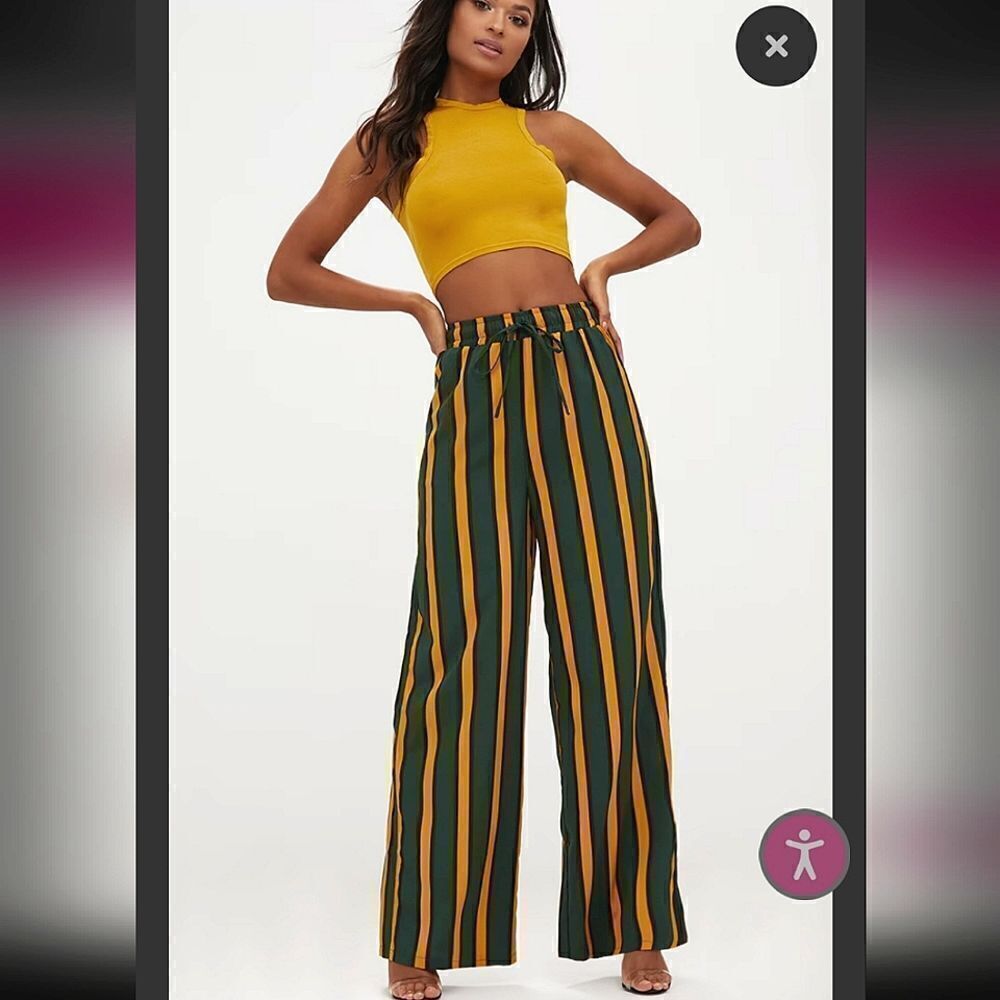 Favlux fashion green and golden yellow striped wide leg pants